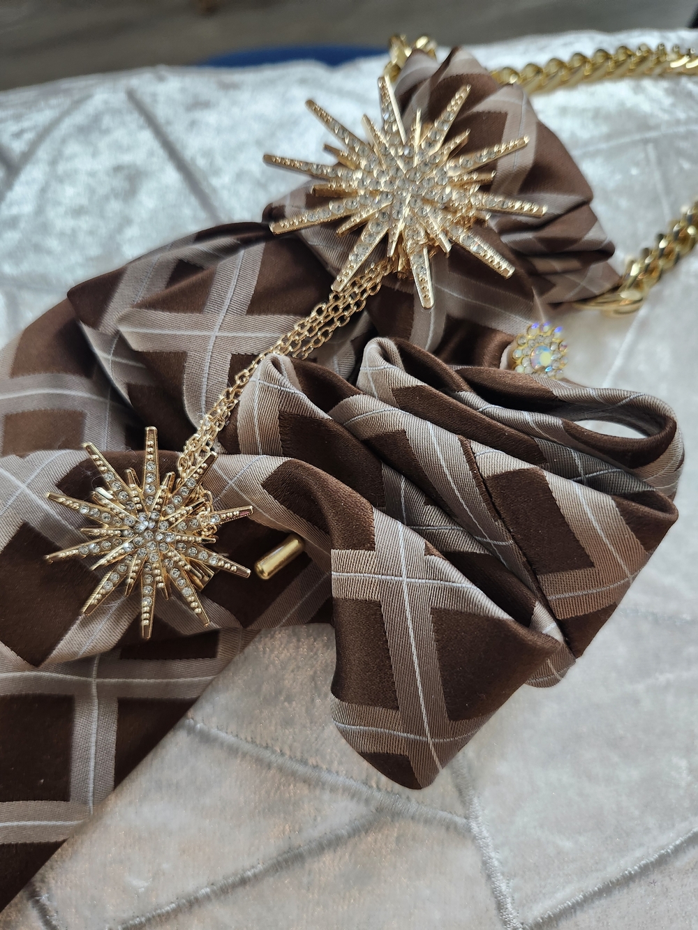 Brown Geometric Statement Tie with Gold Starburst Chain Accent